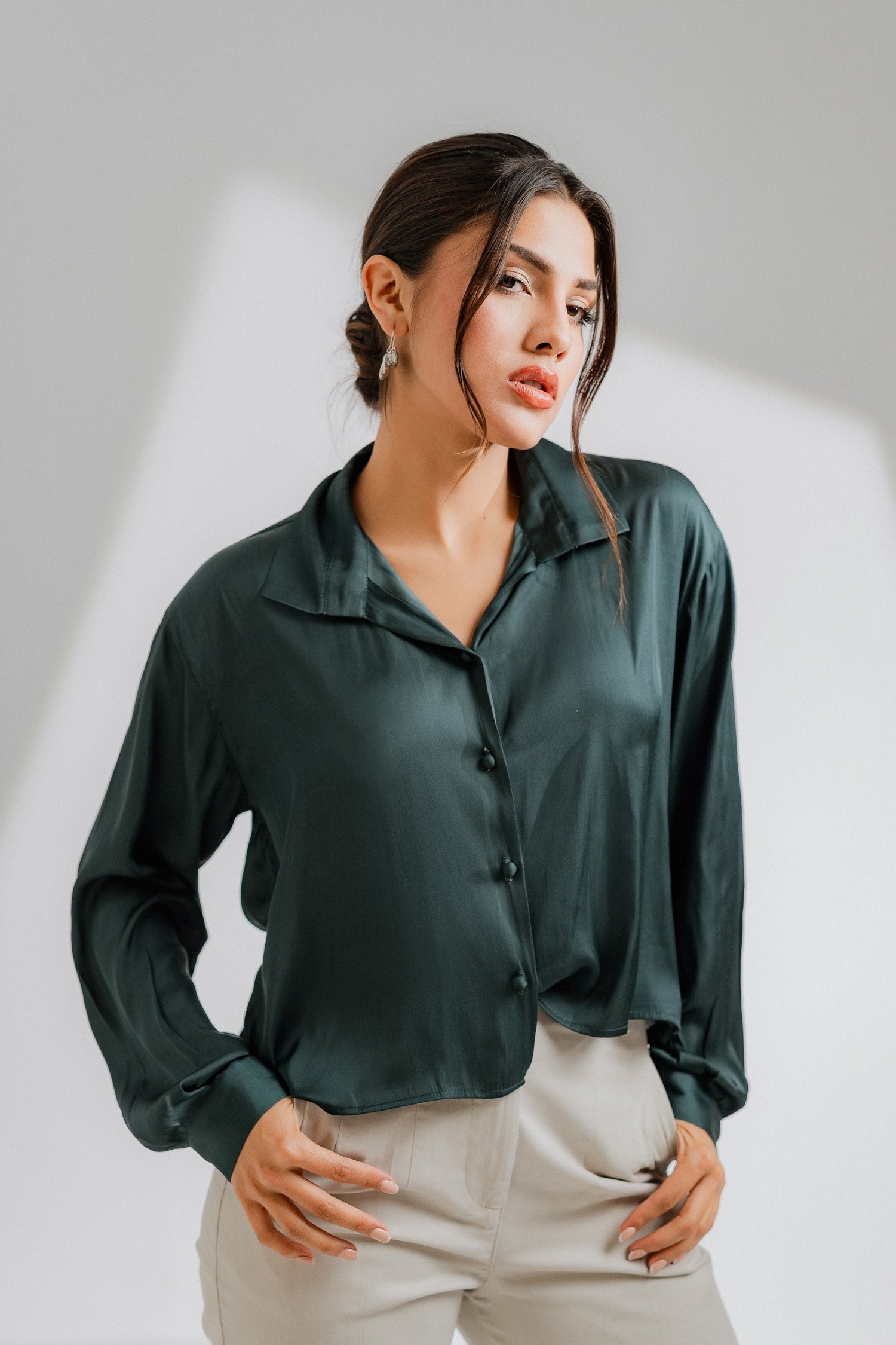 Cropped Green Silk Shirt - Hustle N Holla