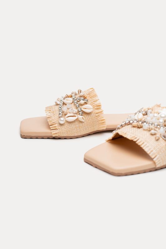 Beige Embellished Flats - Hustle N Holla