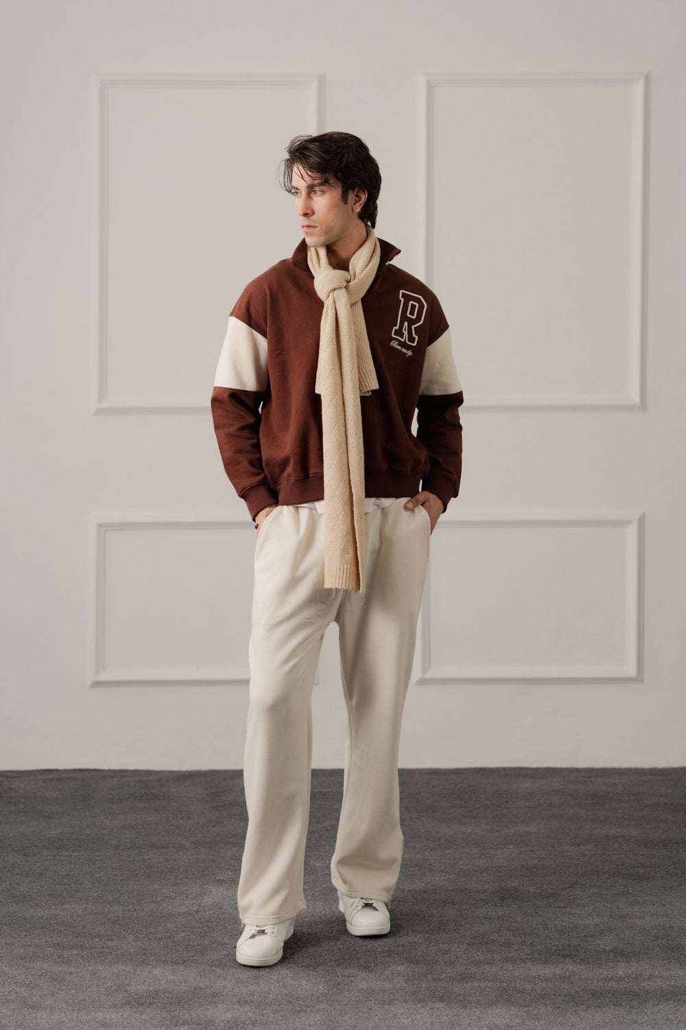 Brown Relaxed Fit Varsity Quarter Neck Zipper Sweatshirt - Hustle N Holla