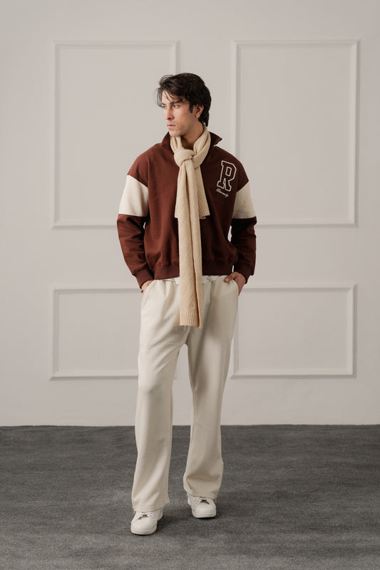 Brown Relaxed Fit Varsity Quarter Neck Zipper Sweatshirt - Hustle N Holla