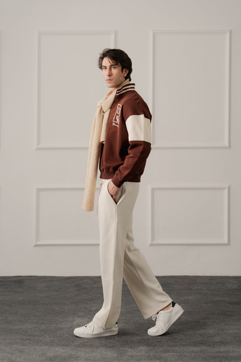 Brown Relaxed Fit Varsity Quarter Neck Zipper Sweatshirt - Hustle N Holla