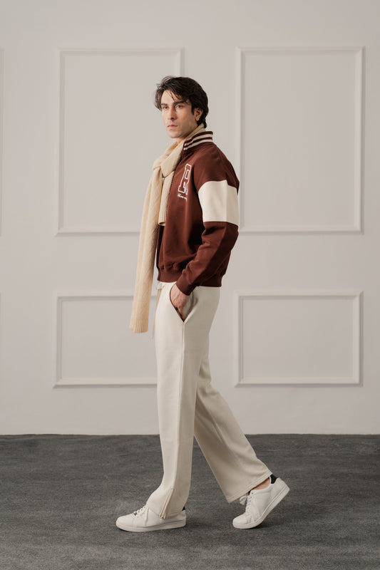 Brown Relaxed Fit Varsity Quarter Neck Zipper Sweatshirt - Hustle N Holla