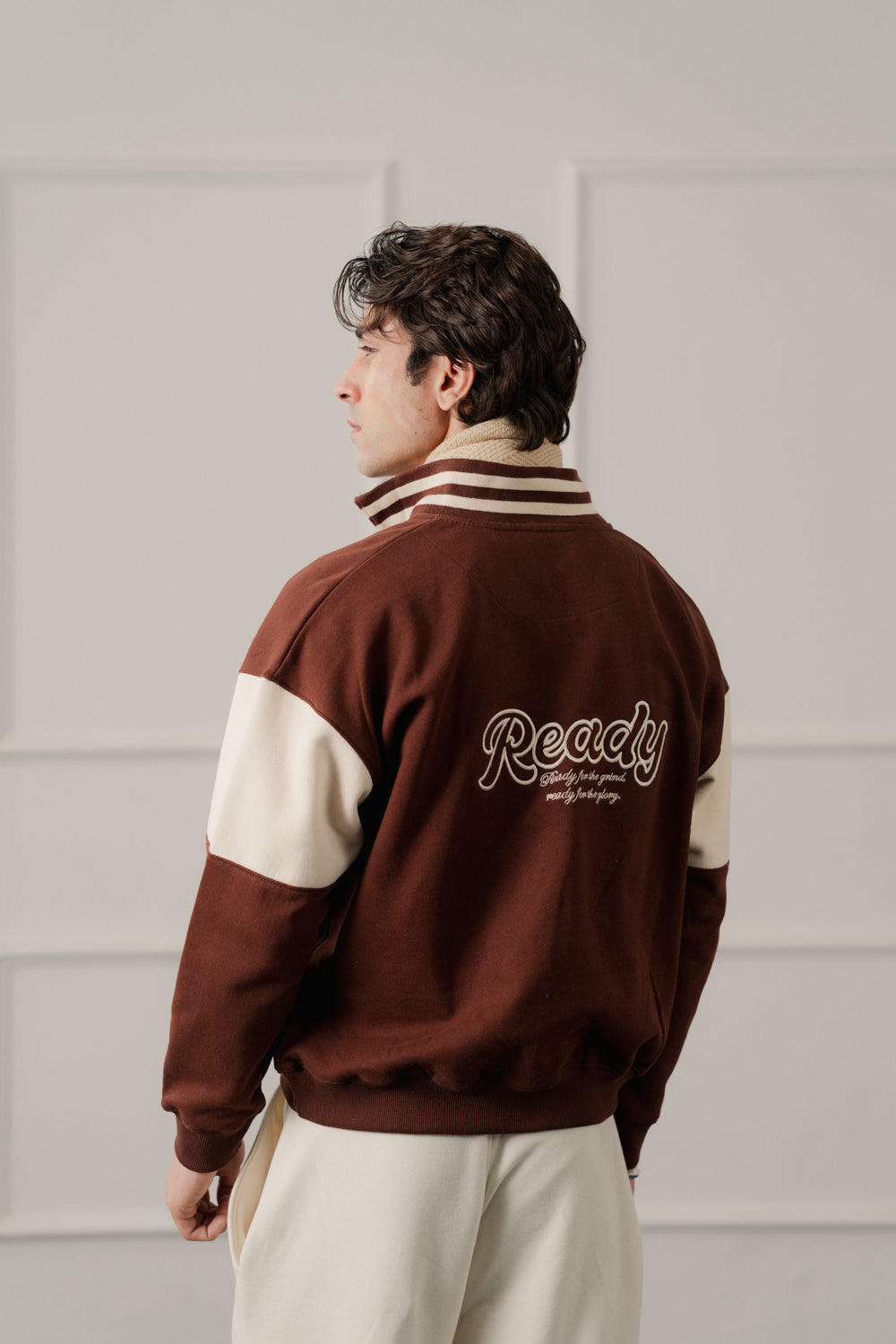 Brown Relaxed Fit Varsity Quarter Neck Zipper Sweatshirt - Hustle N Holla
