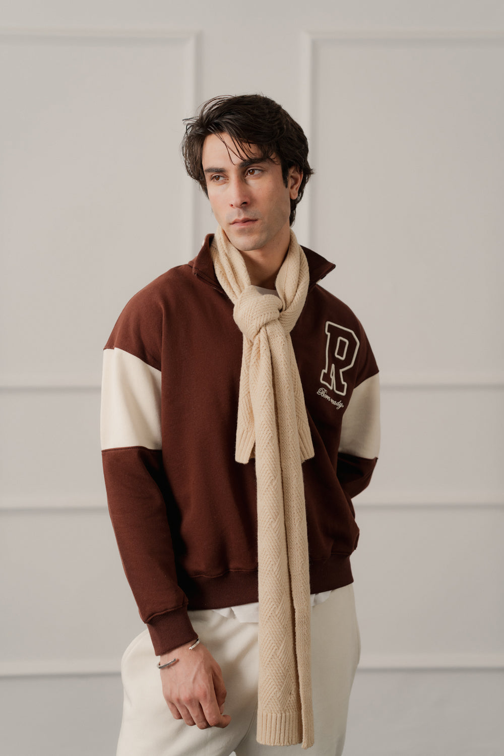 Brown Relaxed Fit Varsity Quarter Neck Zipper Sweatshirt
