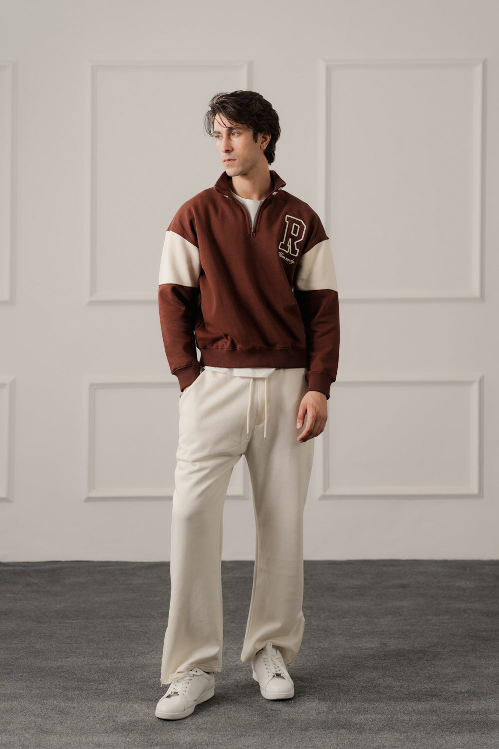 Brown Relaxed Fit Varsity Quarter Neck Zipper Sweatshirt - Hustle N Holla