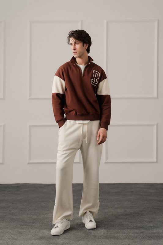 Brown Relaxed Fit Varsity Quarter Neck Zipper Sweatshirt - Hustle N Holla