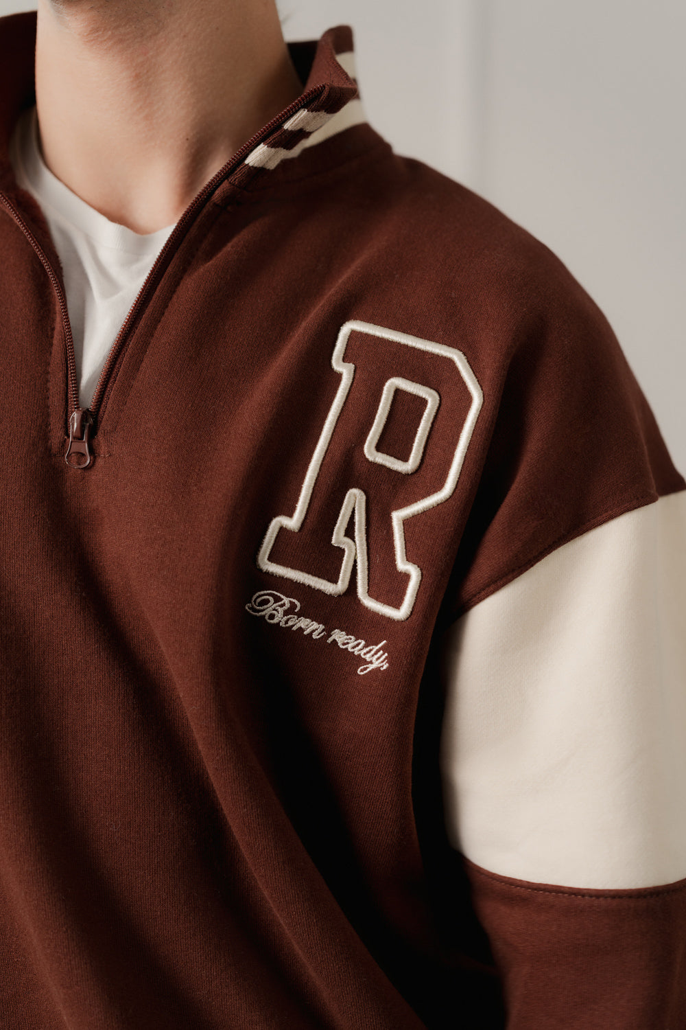 Brown Relaxed Fit Varsity Quarter Neck Zipper Sweatshirt - Hustle N Holla