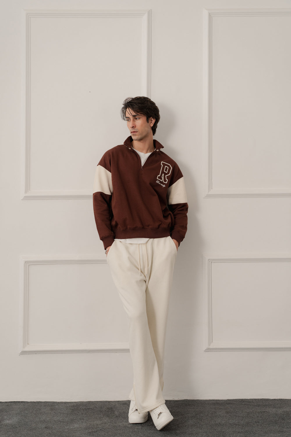 Brown Relaxed Fit Varsity Quarter Neck Zipper Sweatshirt - Hustle N Holla