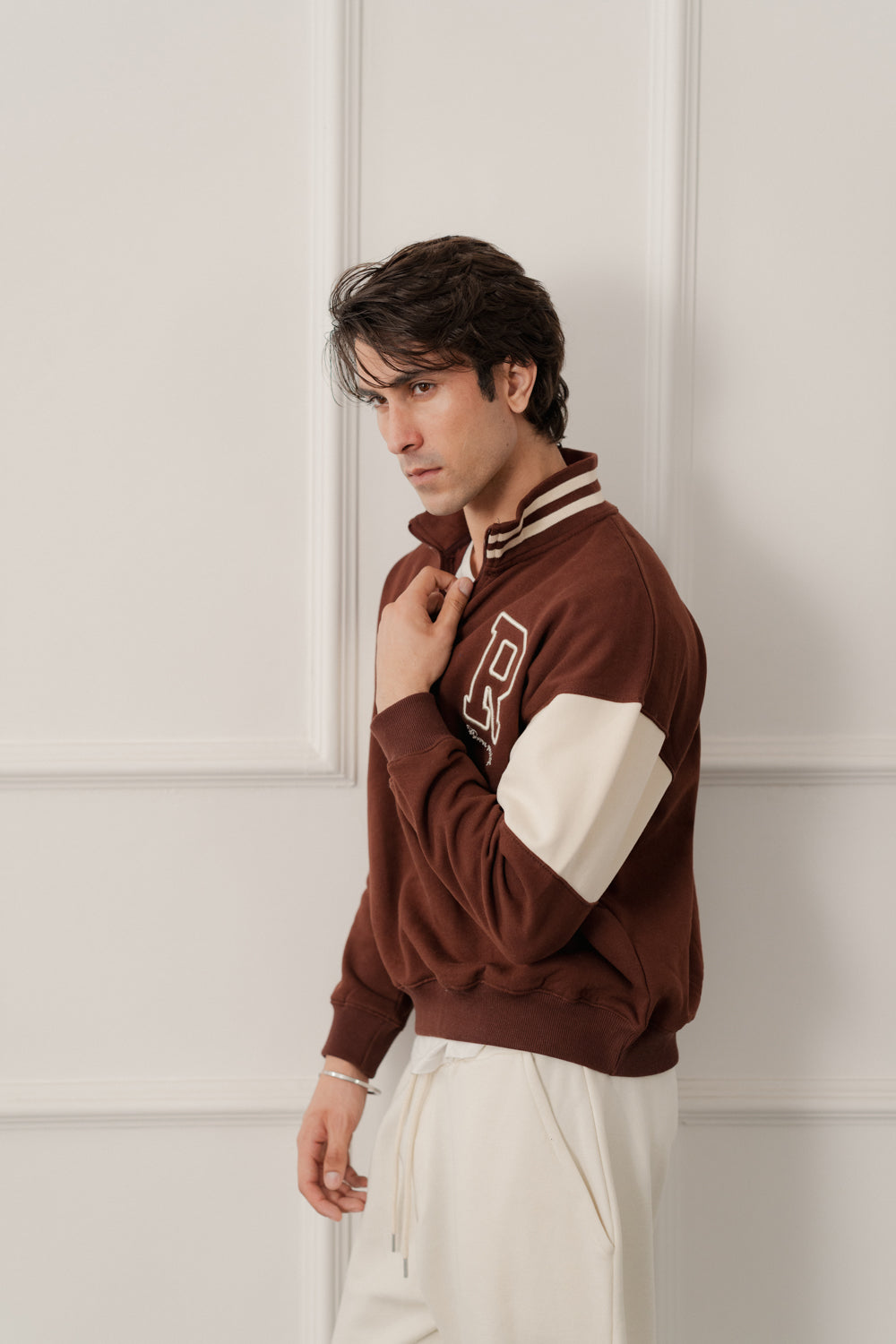 Brown Relaxed Fit Varsity Quarter Neck Zipper Sweatshirt - Hustle N Holla