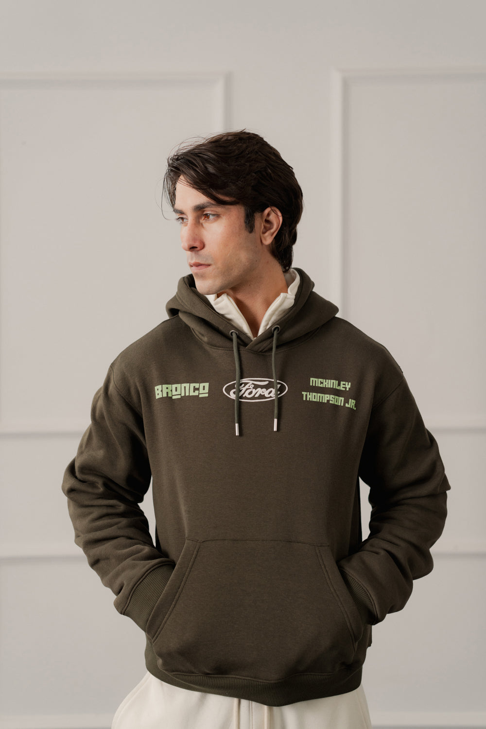 Olive Green Relaxed Fit Graphic Pull Over Hoodie