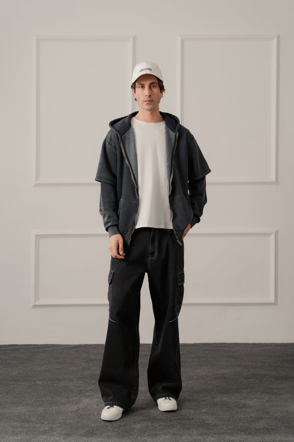 Grey Acid Washed Relaxed Fit Zipper Hoodie