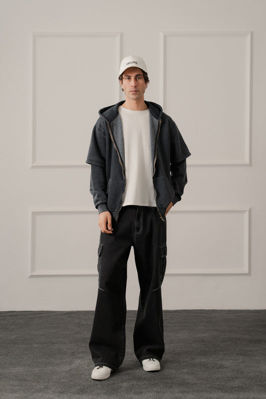 Grey Acid Washed Relaxed Fit Zipper Hoodie - Hustle N Holla