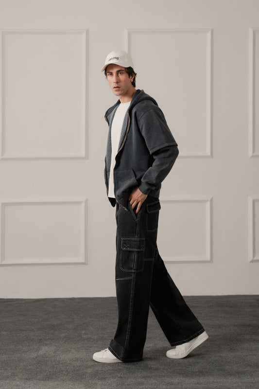 Grey Acid Washed Relaxed Fit Zipper Hoodie - Hustle N Holla