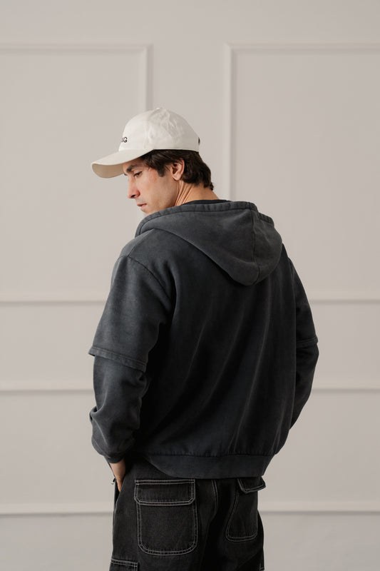 Grey Acid Washed Relaxed Fit Zipper Hoodie - Hustle N Holla