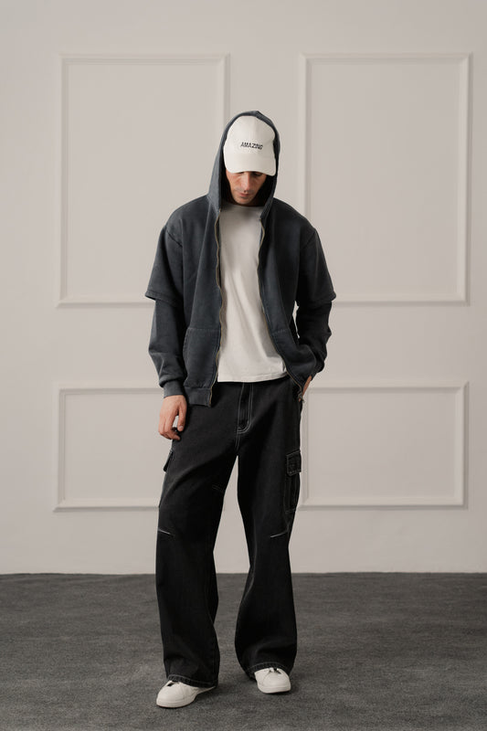 Grey Acid Washed Relaxed Fit Zipper Hoodie - Hustle N Holla