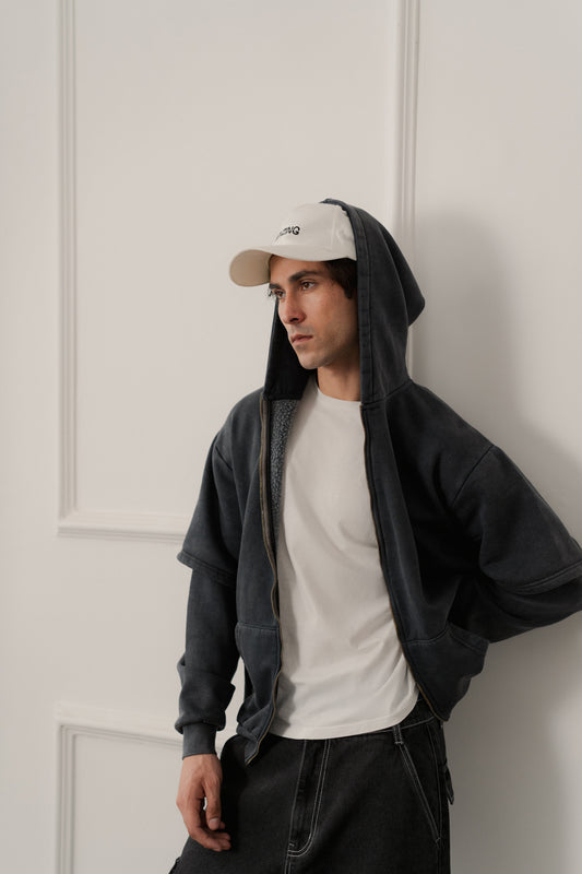 Grey Acid Washed Relaxed Fit Zipper Hoodie - Hustle N Holla