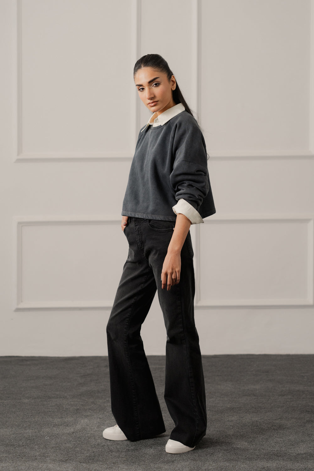 Grey Acid Washed Oversized Fit Crop Sweatshirt