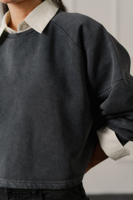 Grey Acid Washed Oversized Fit Crop Sweatshirt - Hustle N Holla