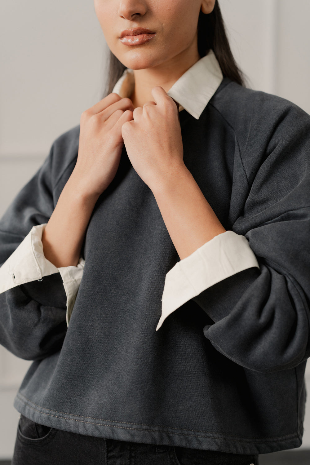 Grey Acid Washed Oversized Fit Crop Sweatshirt