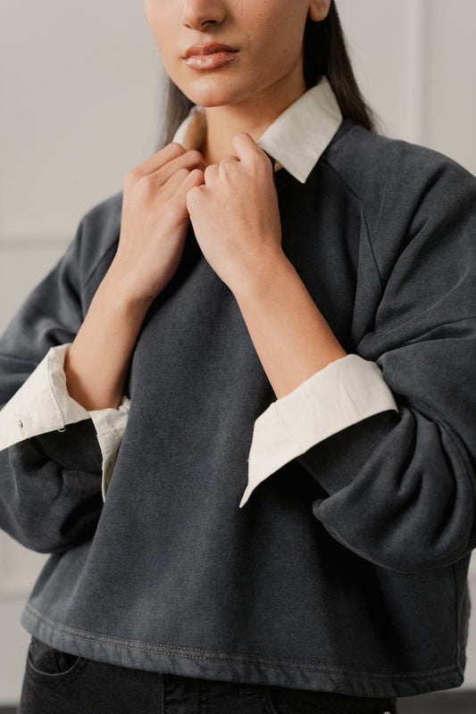 Grey Acid Washed Oversized Fit Crop Sweatshirt - Hustle N Holla