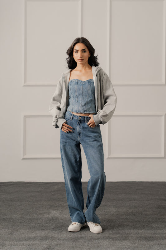 Grey Oversized Crop Graphic Zipper Hoodie - Hustle N Holla