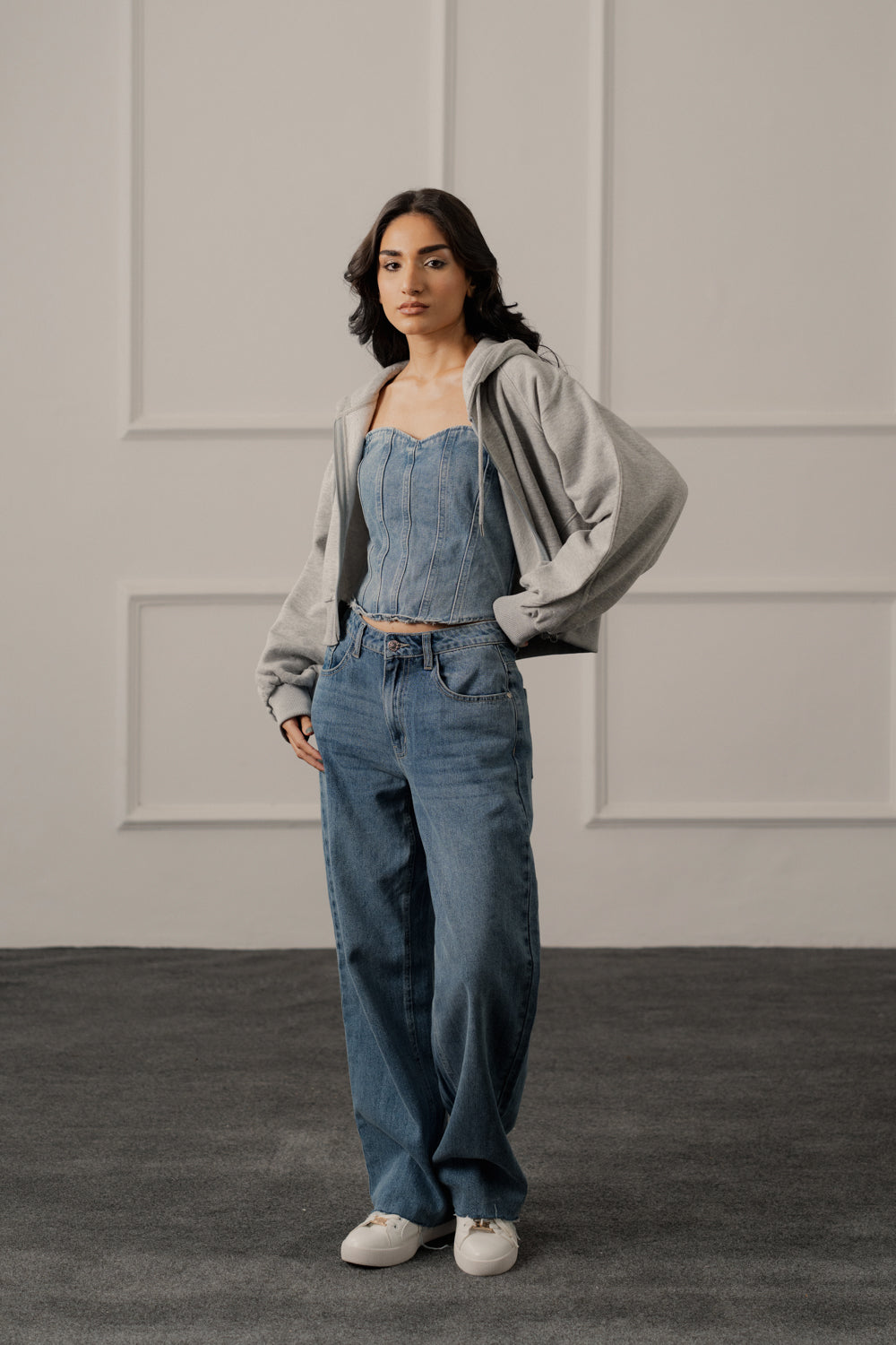 Grey Oversized Crop Graphic Zipper Hoodie - Hustle N Holla