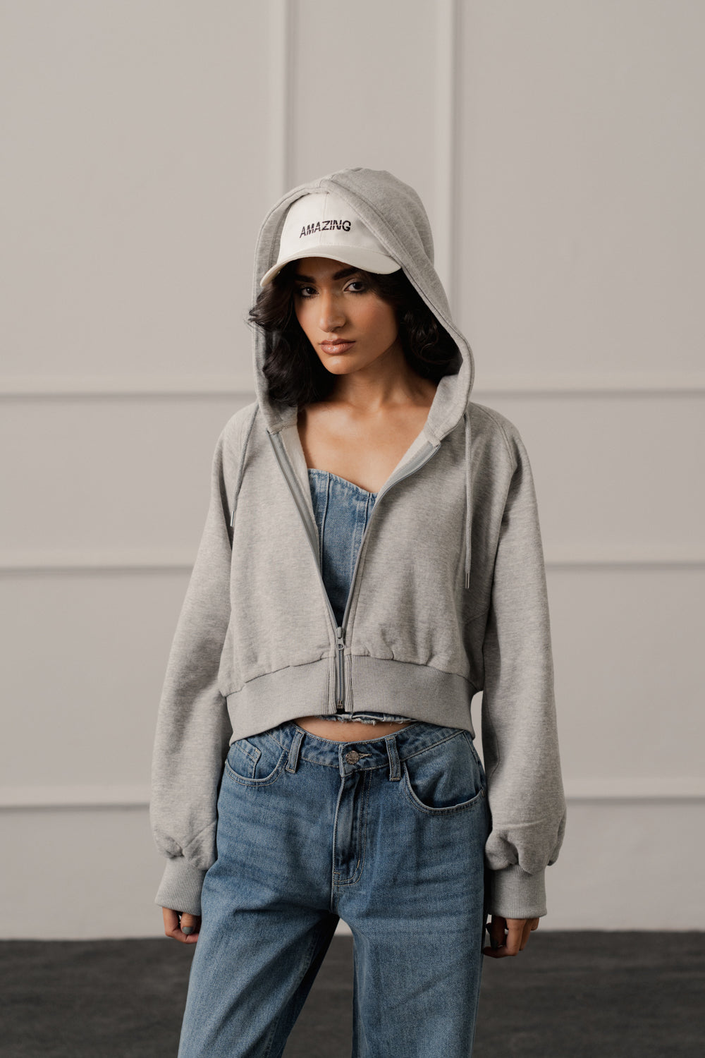 Grey Oversized Crop Graphic Zipper Hoodie