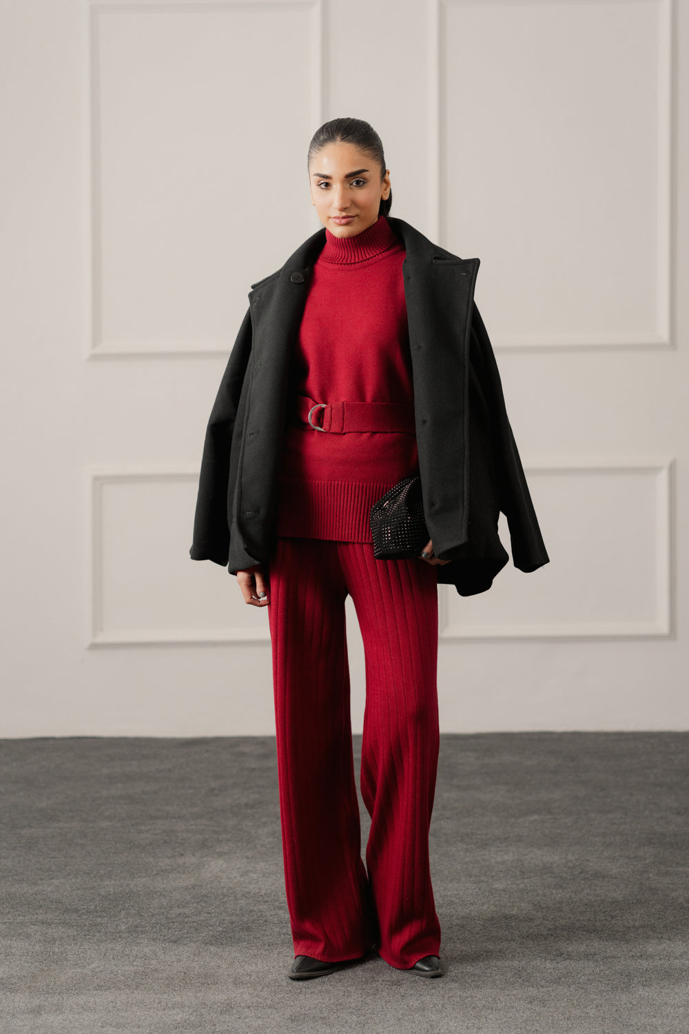 Red High Neck Belted Sweater Top