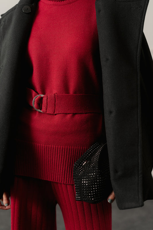 Red High Neck Belted Sweater Top - Hustle N Holla