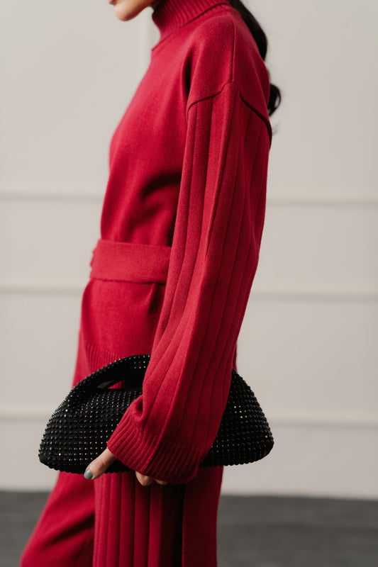 Red High Neck Belted Sweater Top - Hustle N Holla