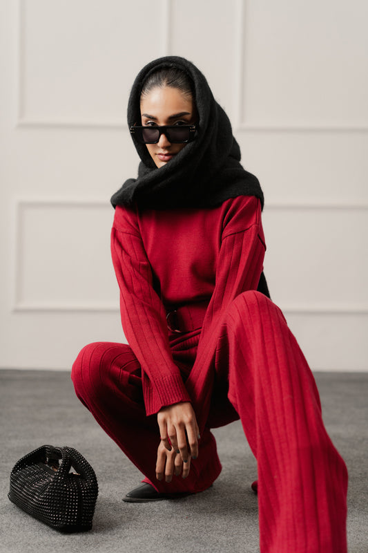 Red High Neck Belted Sweater Top - Hustle N Holla