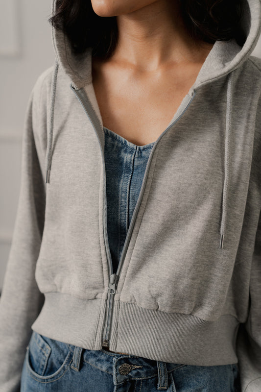 Grey Oversized Crop Graphic Zipper Hoodie - Hustle N Holla