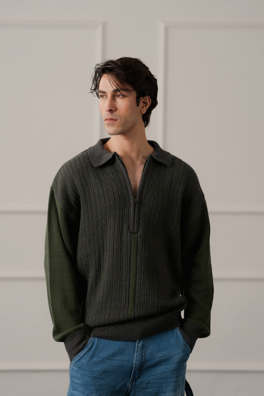 Olive Green Relaxed Fit Polo Sweater