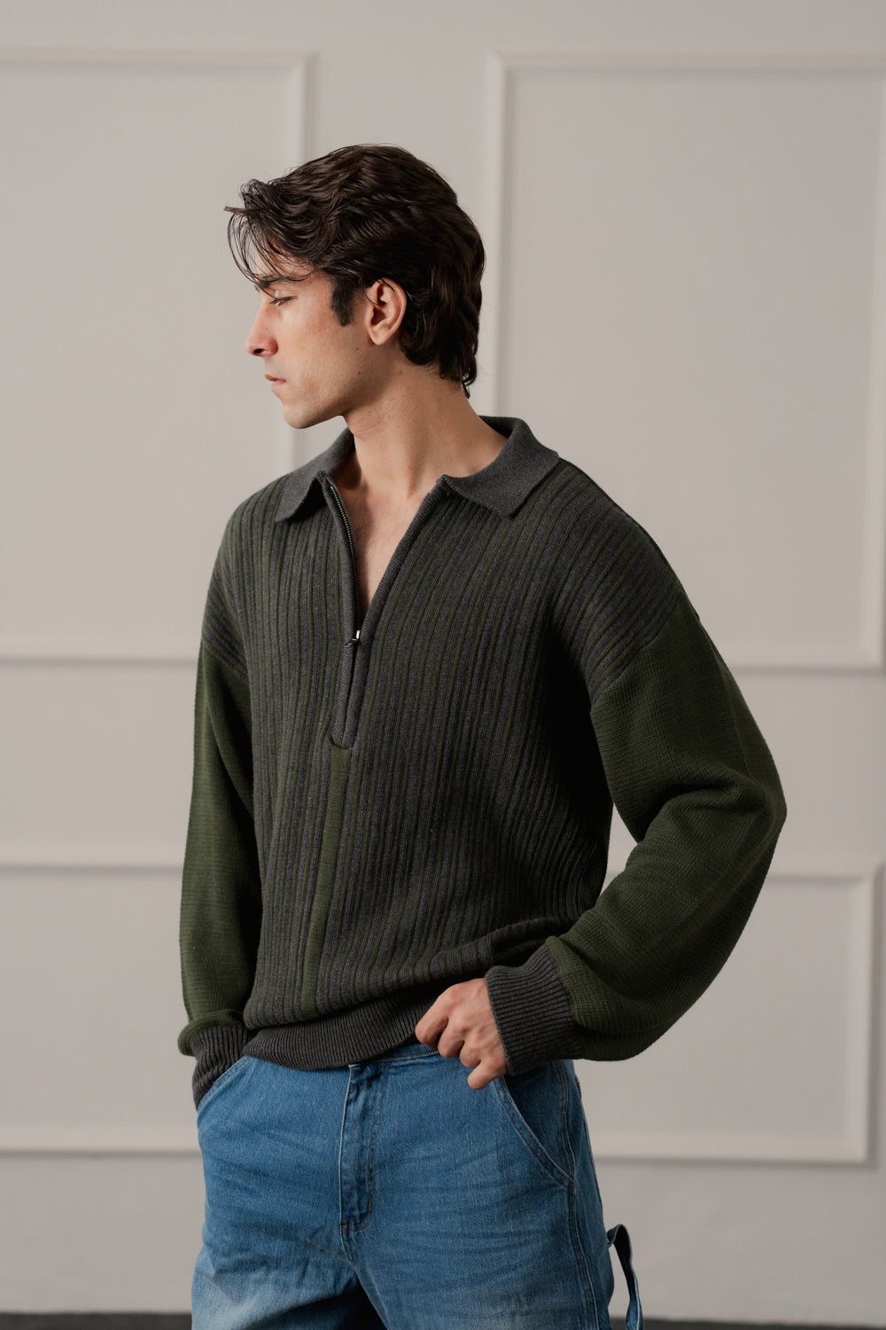Olive Green Relaxed Fit Polo Sweater
