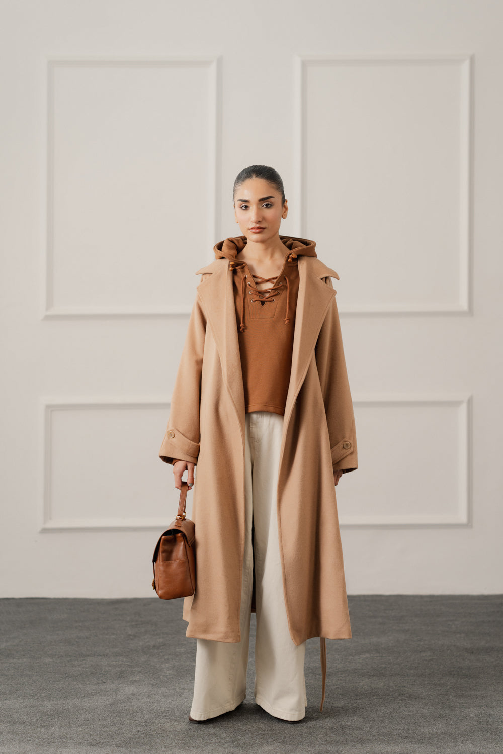 Brown Terry Relaxed Fit Lace up Hoodie - Hustle N Holla