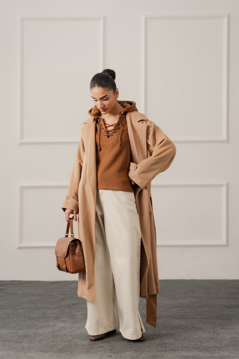 Brown Terry Relaxed Fit Lace up Hoodie - Hustle N Holla