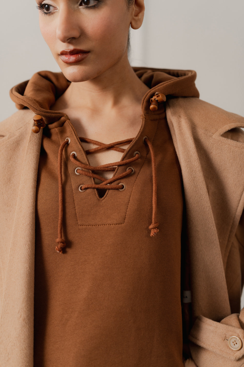 Brown Terry Relaxed Fit Lace up Hoodie - Hustle N Holla