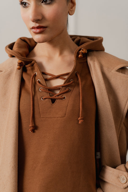 Brown Terry Relaxed Fit Lace up Hoodie - Hustle N Holla