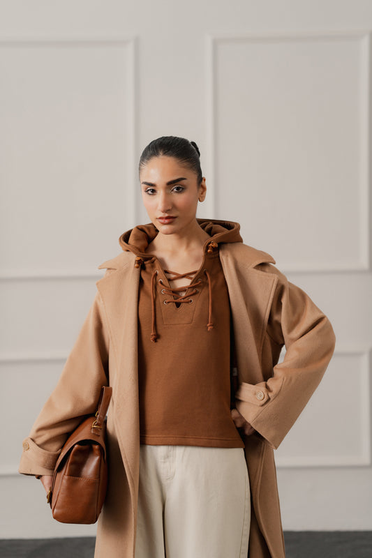 Brown Terry Relaxed Fit Lace up Hoodie - Hustle N Holla