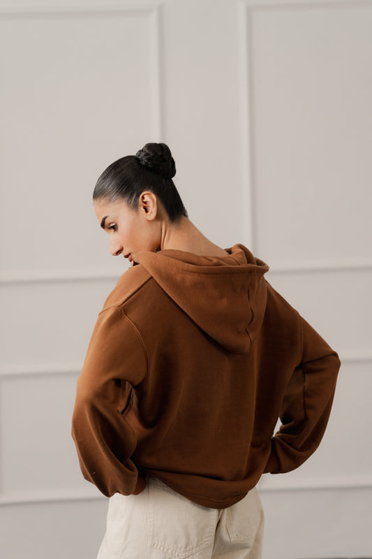 Brown Terry Relaxed Fit Lace up Hoodie - Hustle N Holla