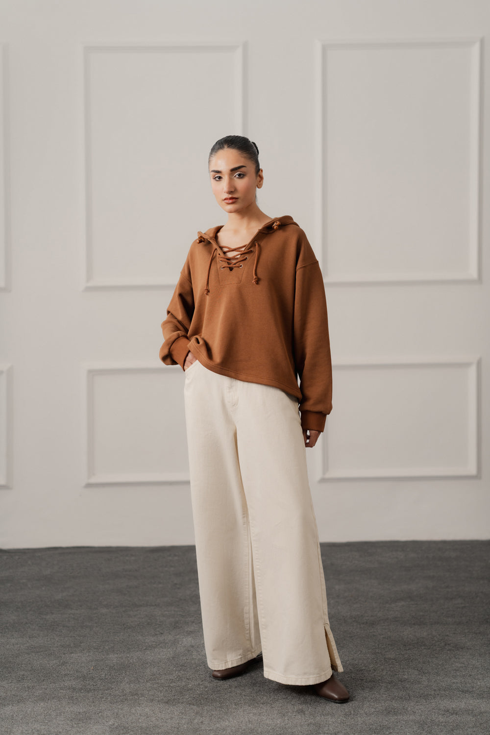 Brown Terry Relaxed Fit Lace up Hoodie - Hustle N Holla