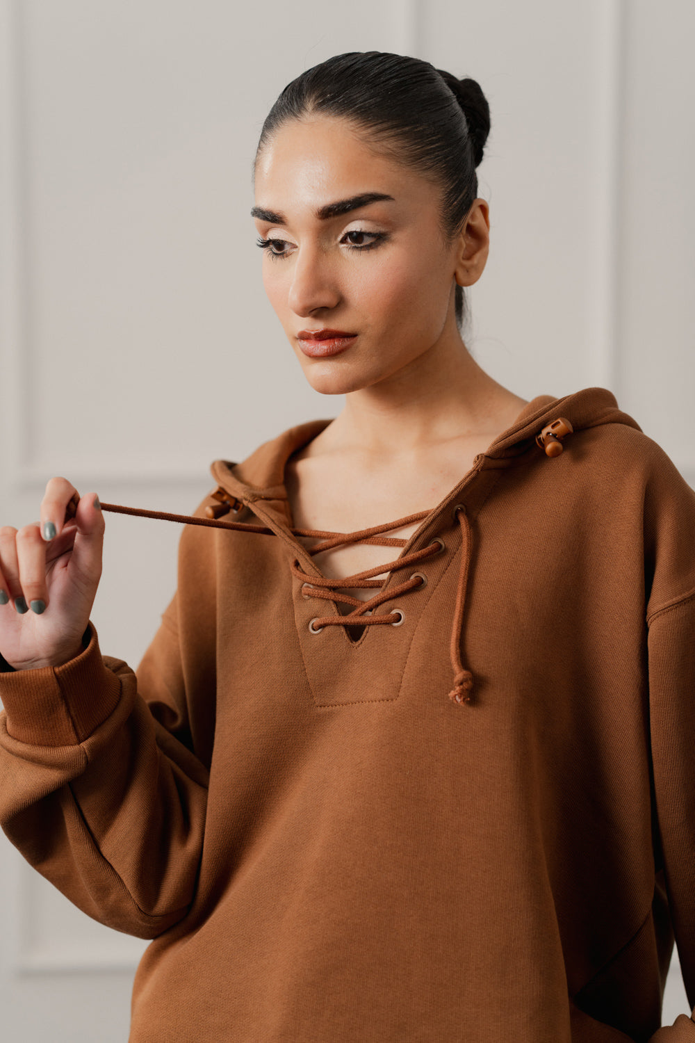 Brown Terry Relaxed Fit Lace up Hoodie