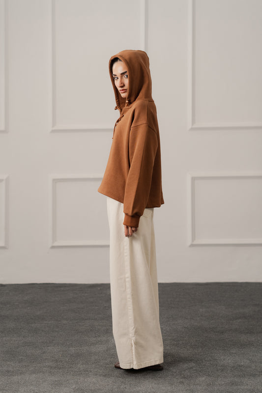 Brown Terry Relaxed Fit Lace up Hoodie - Hustle N Holla