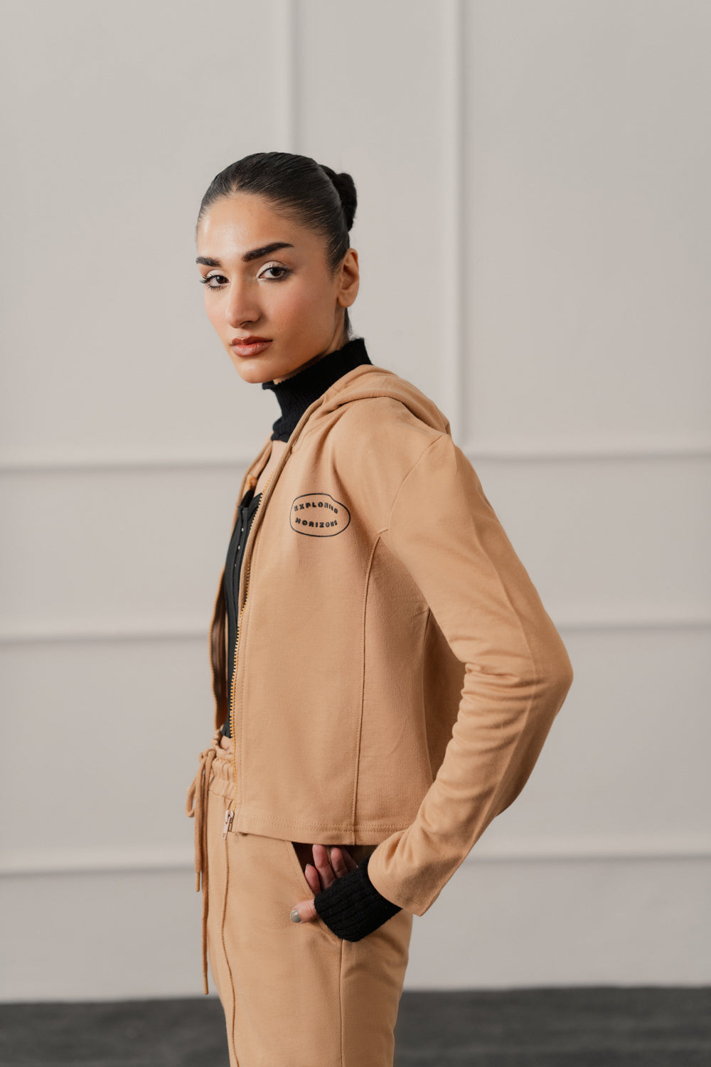 Beige Slim Fit Zipper Hoodie