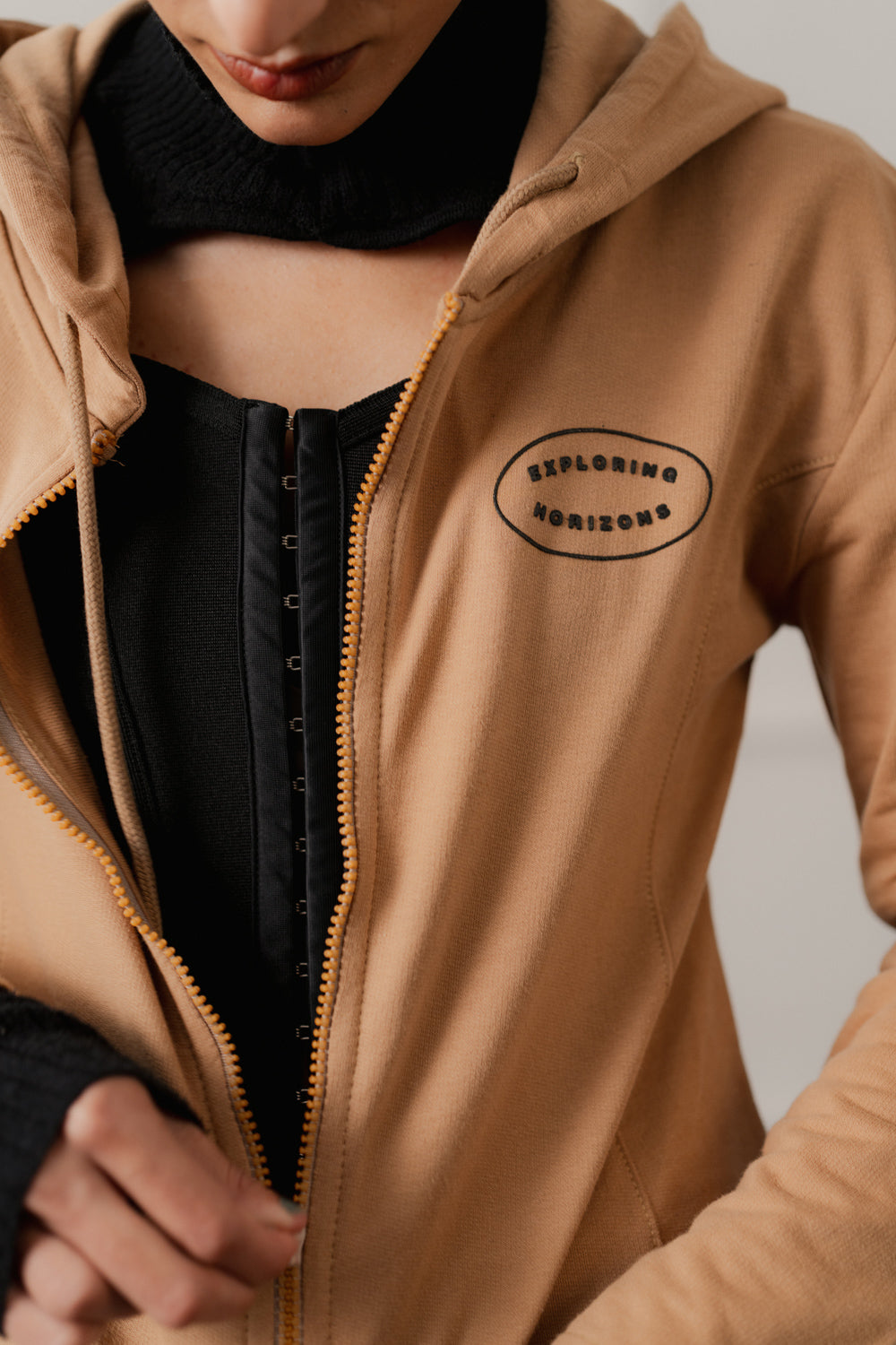 Beige Slim Fit Zipper Hoodie