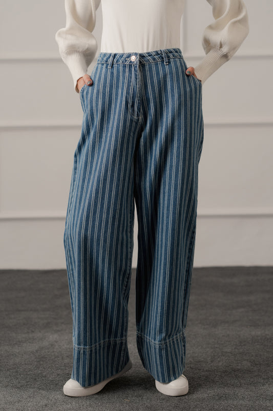 Blue Striped Wide Leg Jeans - Hustle N Holla