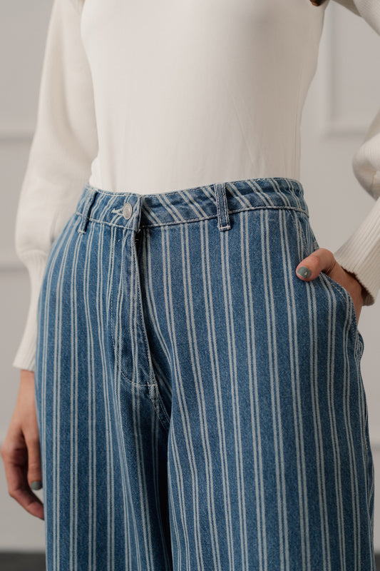 Blue Striped Wide Leg Jeans - Hustle N Holla