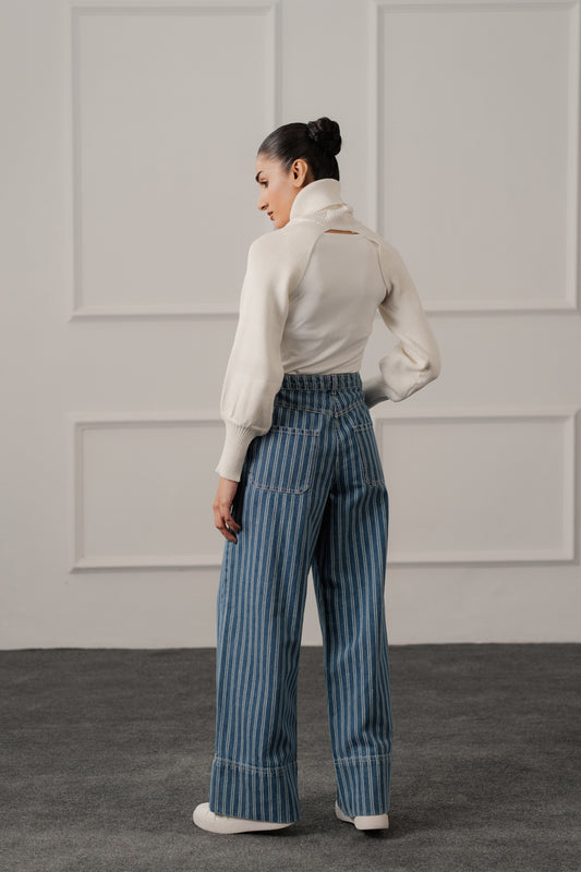 Blue Striped Wide Leg Jeans - Hustle N Holla