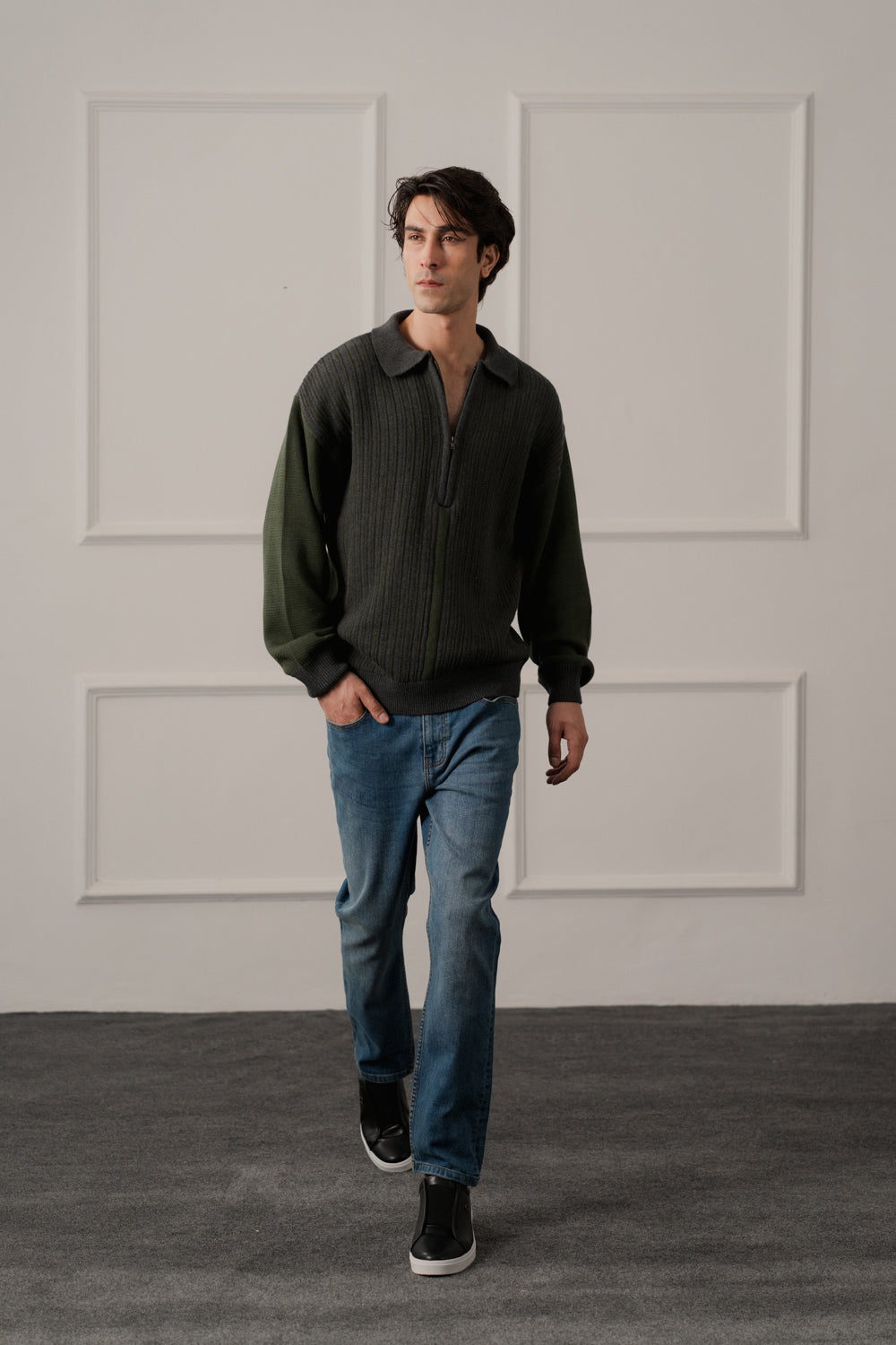 Olive Green Relaxed Fit Polo Sweater - Hustle N Holla