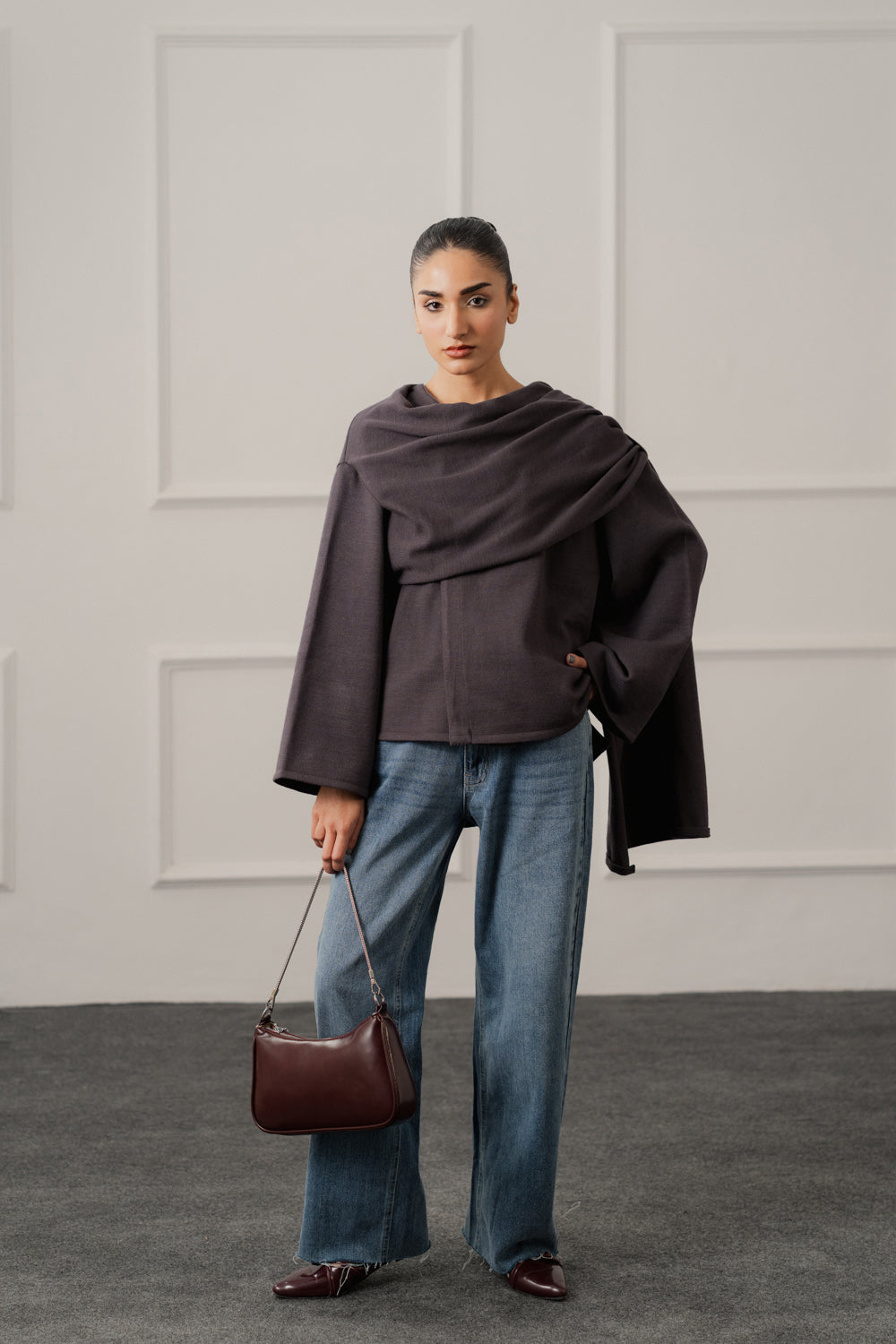 Charcoal Oversized Cardigan with Scarf